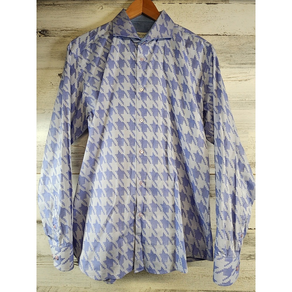 Vercini‎ Button Front Shirt Mens Large Blue Houndstooth Cotton Long Sleeve